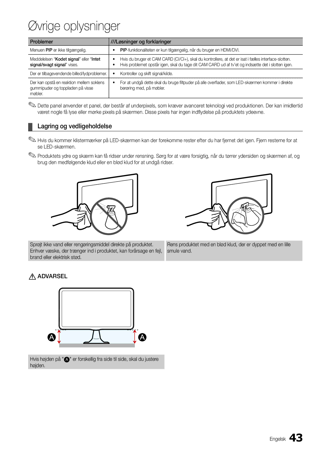 Samsung LT24B301EWY/XE manual Lagring og vedligeholdelse, Signal/svagt signal vises, Kontroller og skift signal/kilde 