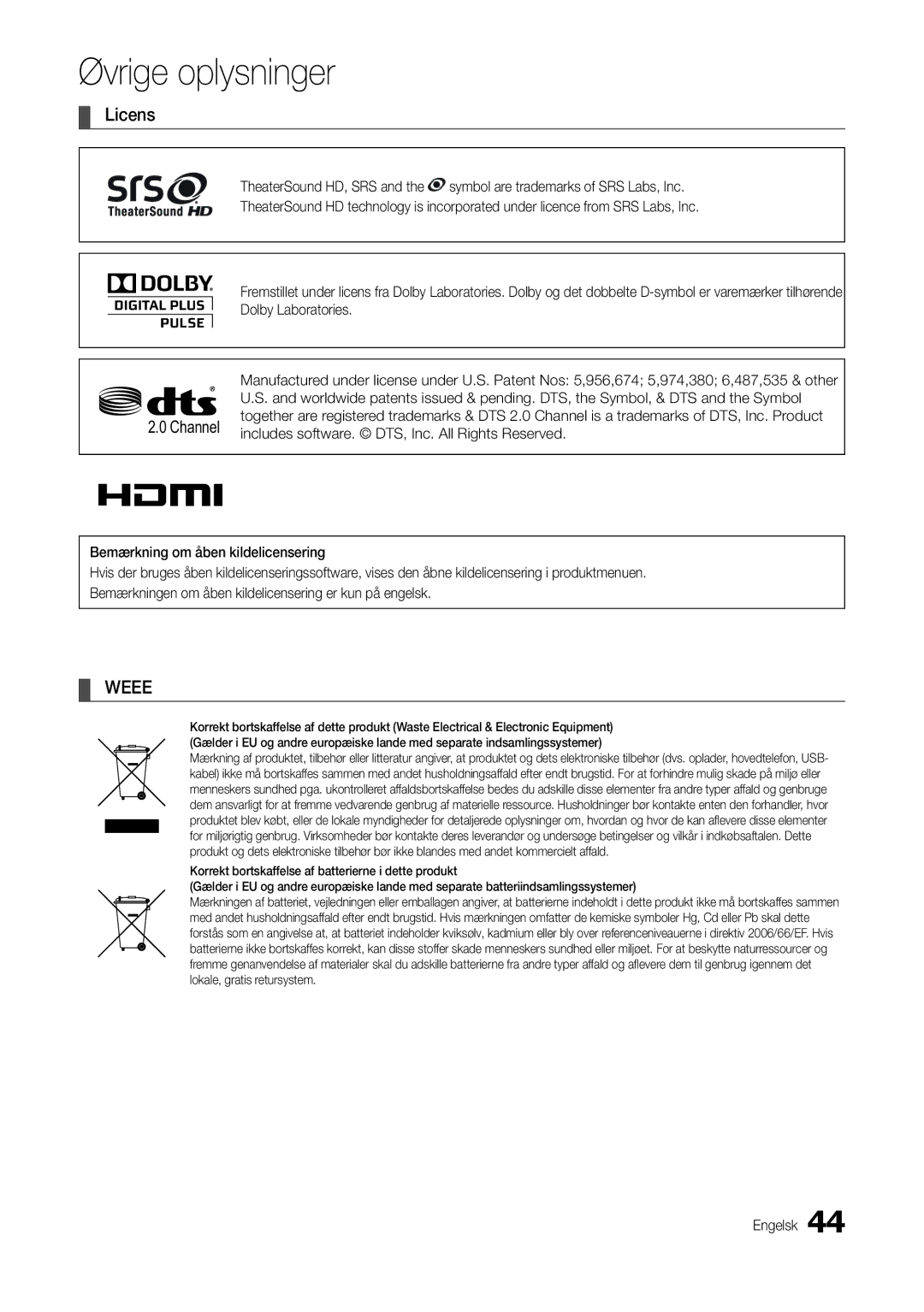 Samsung LT24B301EWY/XE manual Licens, Channel, Includes software. DTS, Inc. All Rights Reserved 