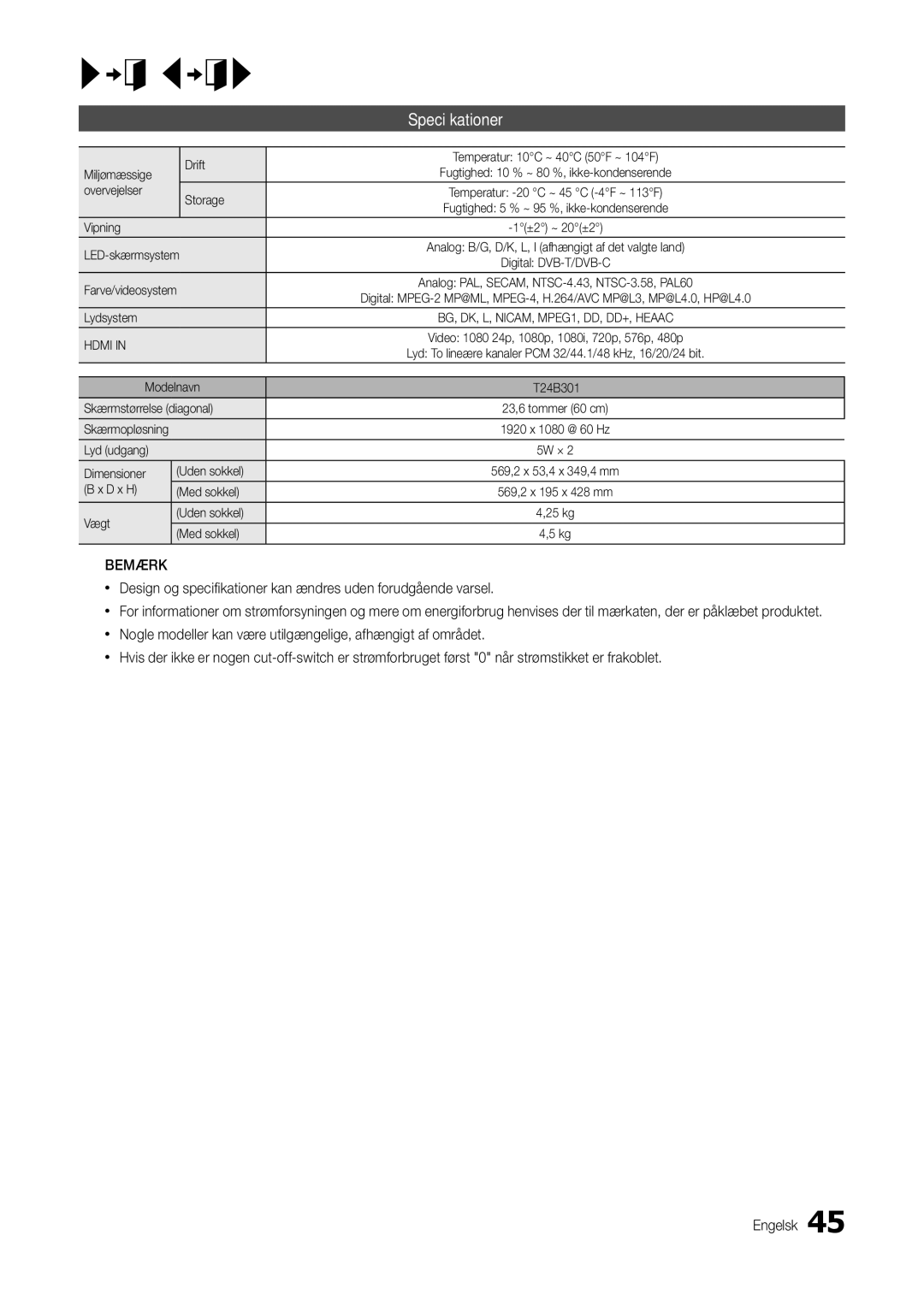 Samsung LT24B301EWY/XE manual Specifikationer 