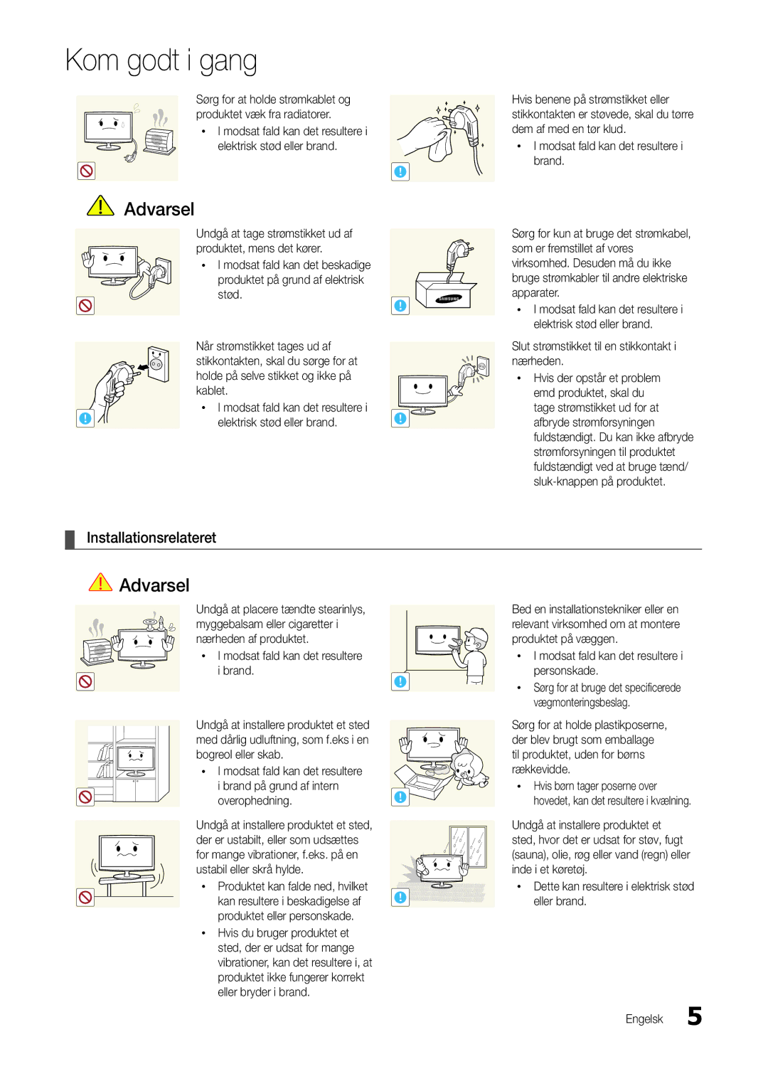 Samsung LT24B301EWY/XE manual Installationsrelateret, Slut strømstikket til en stikkontakt i nærheden 