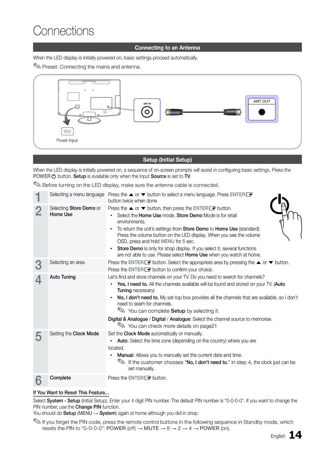 Samsung LT24B301MA/CH manual Connections, Connecting to an Antenna, Setup Initial Setup 