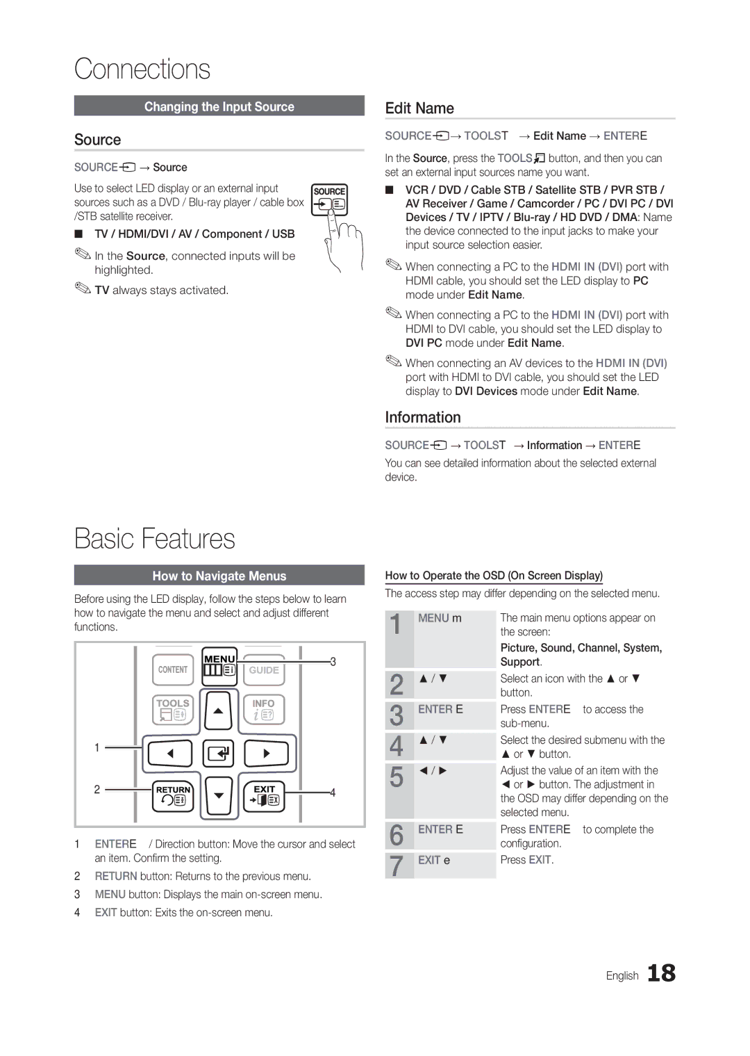 Samsung LT24B301MA/CH manual Basic Features, Source, Edit Name, Information 