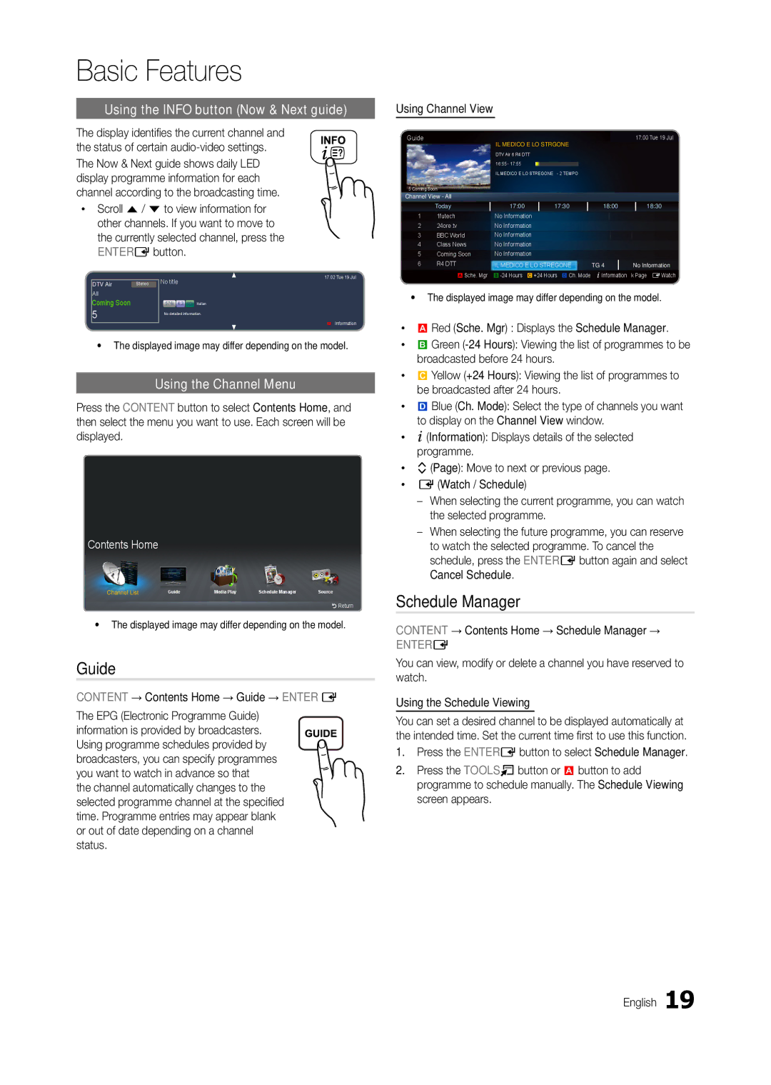 Samsung LT24B301MA/CH manual Guide, Schedule Manager, Using the Info button Now & Next guide, Using the Channel Menu 