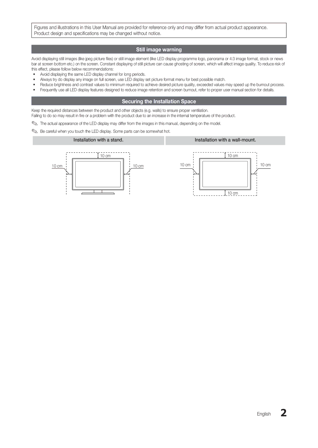 Samsung LT24B301MA/CH manual Still image warning, Securing the Installation Space, English, 10 cm 