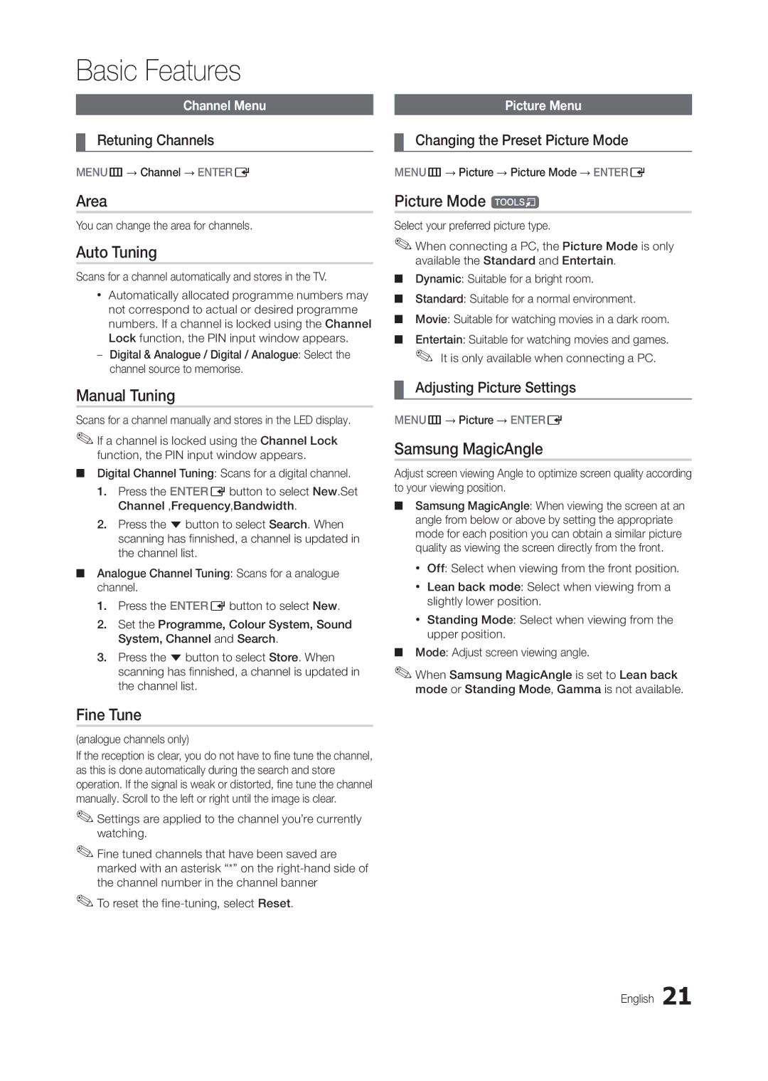 Samsung LT24B301MA/CH manual Area, Auto Tuning, Manual Tuning, Fine Tune, Picture Mode t, Samsung MagicAngle 