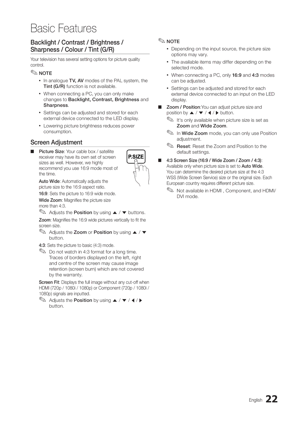 Samsung LT24B301MA/CH manual Screen Adjustment, Xx Lowering picture brightness reduces power consumption 