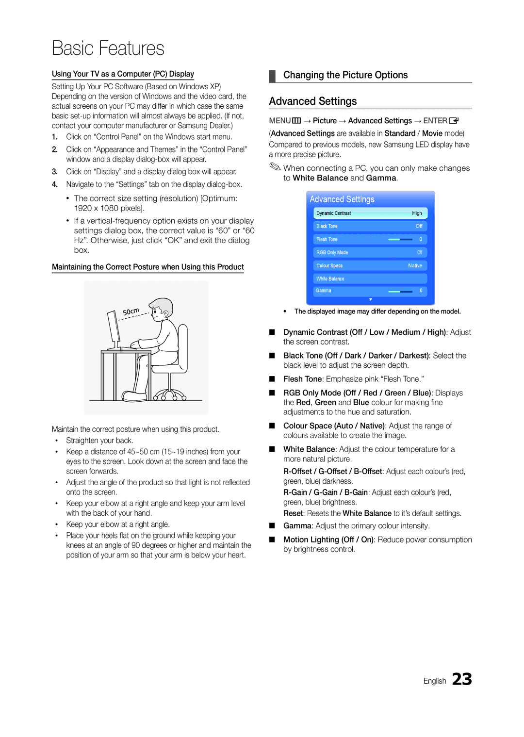 Samsung LT24B301MA/CH manual Advanced Settings, Changing the Picture Options, Using Your TV as a Computer PC Display 