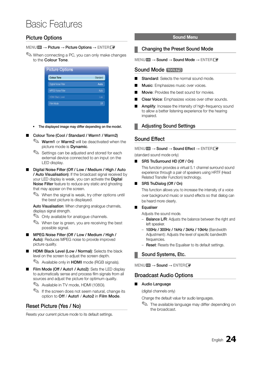 Samsung LT24B301MA/CH manual Picture Options, Reset Picture Yes / No, Sound Mode t, Sound Effect, Broadcast Audio Options 