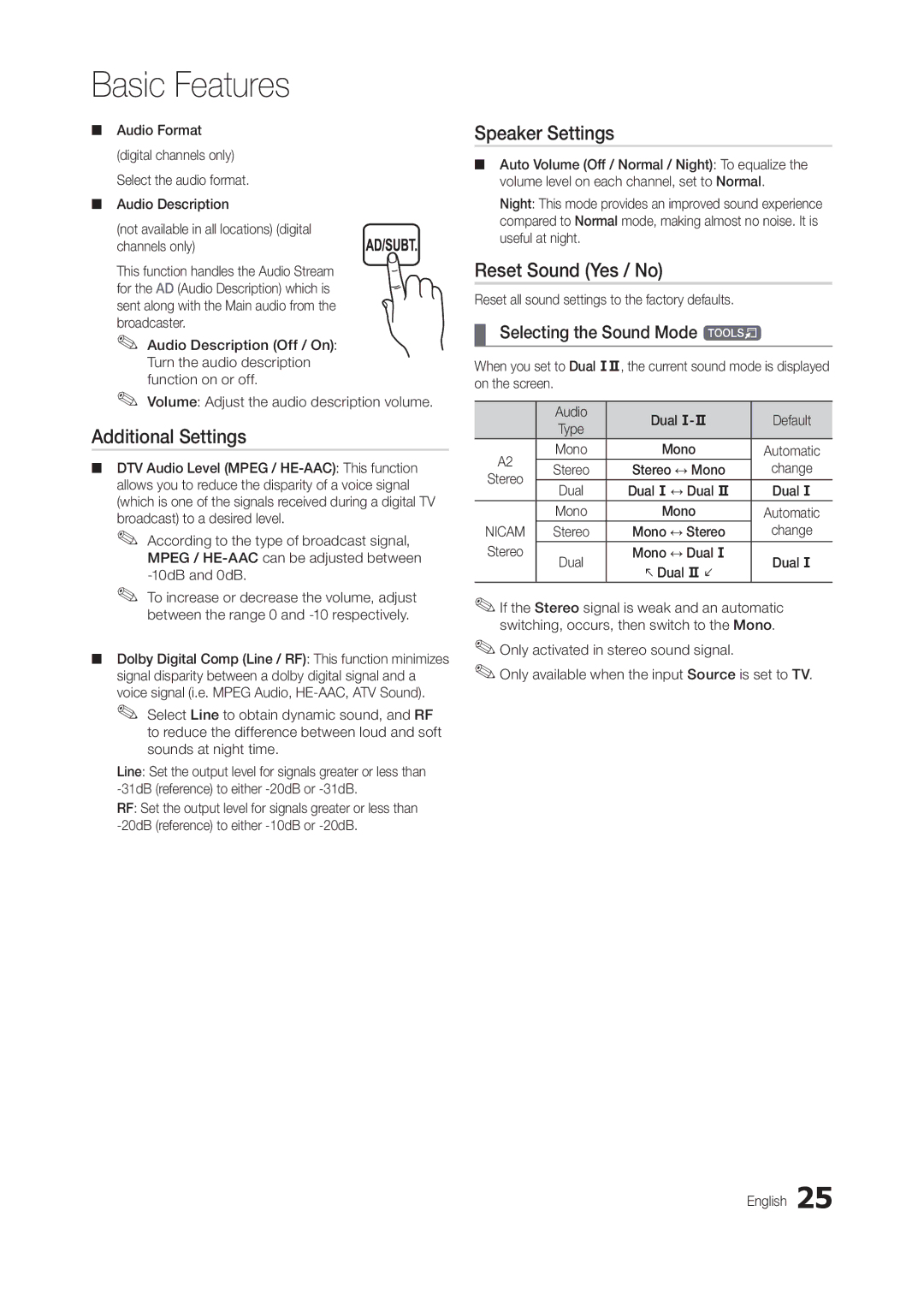 Samsung LT24B301MA/CH manual Additional Settings, Speaker Settings, Reset Sound Yes / No, Selecting the Sound Mode t 