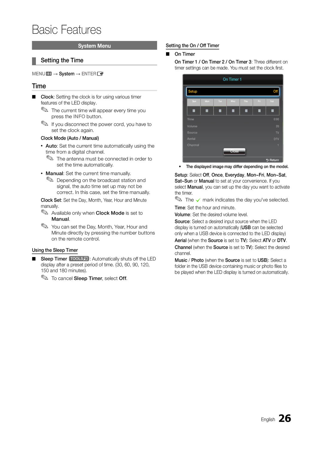 Samsung LT24B301MA/CH manual Setting the Time, System Menu, MENUm→ System → Entere 