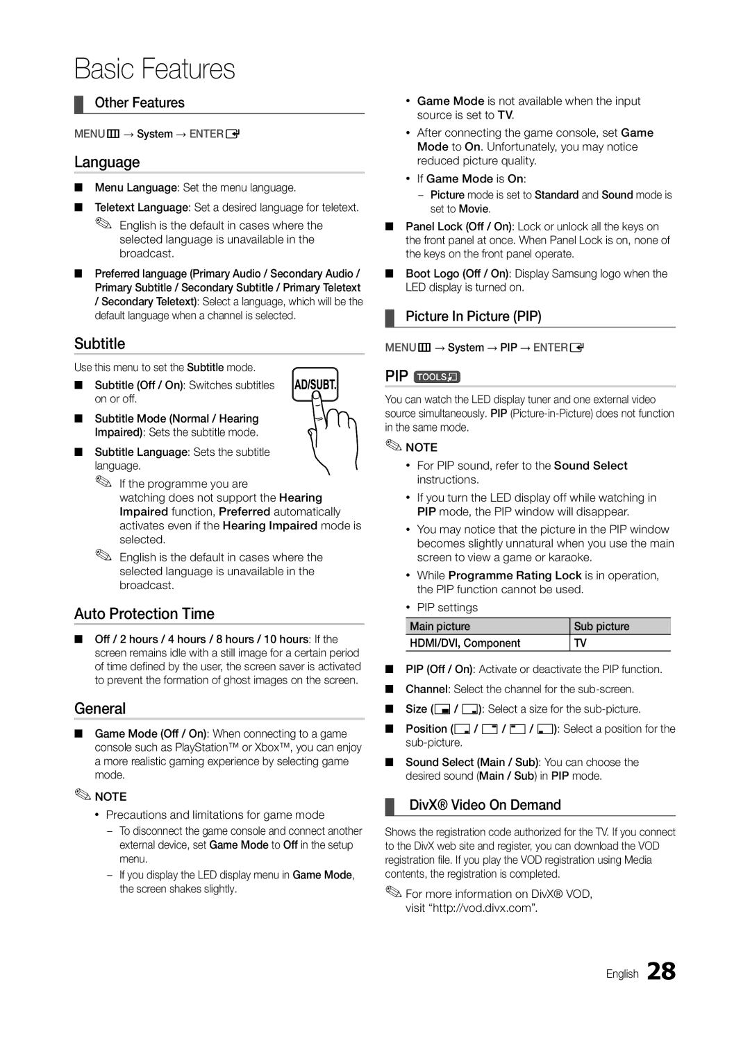 Samsung LT24B301MA/CH manual Language, Subtitle, Auto Protection Time, General, PIP t 