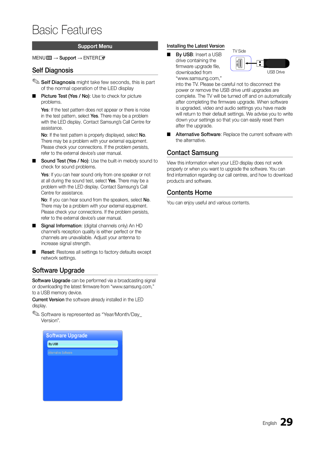 Samsung LT24B301MA/CH manual Self Diagnosis, Software Upgrade, Contact Samsung, Contents Home 