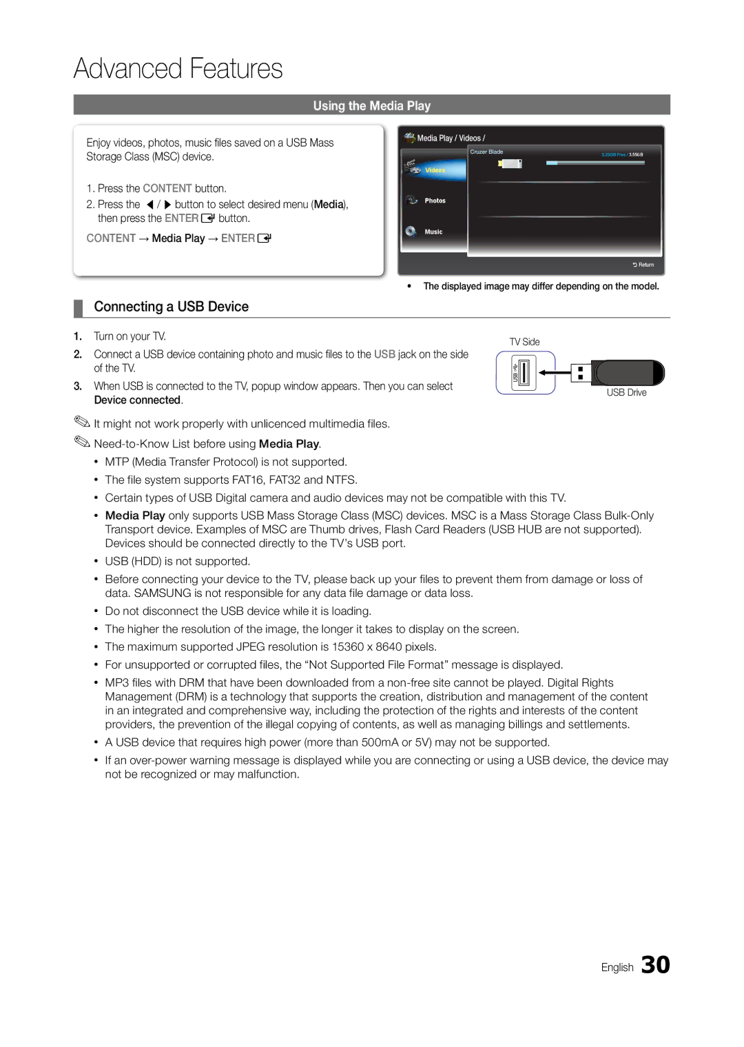 Samsung LT24B301MA/CH Advanced Features, Connecting a USB Device, Using the Media Play, Turn on your TV, Device connected 