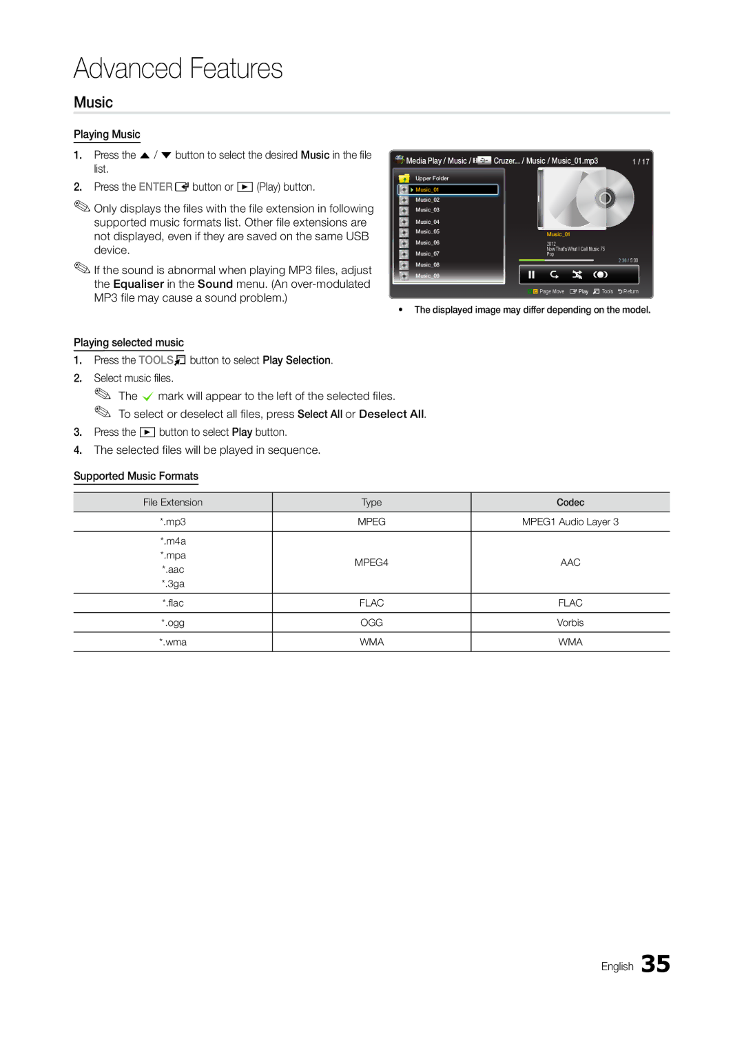 Samsung LT24B301MA/CH manual Music, List, Supported music formats list. other file extensions are, Device 