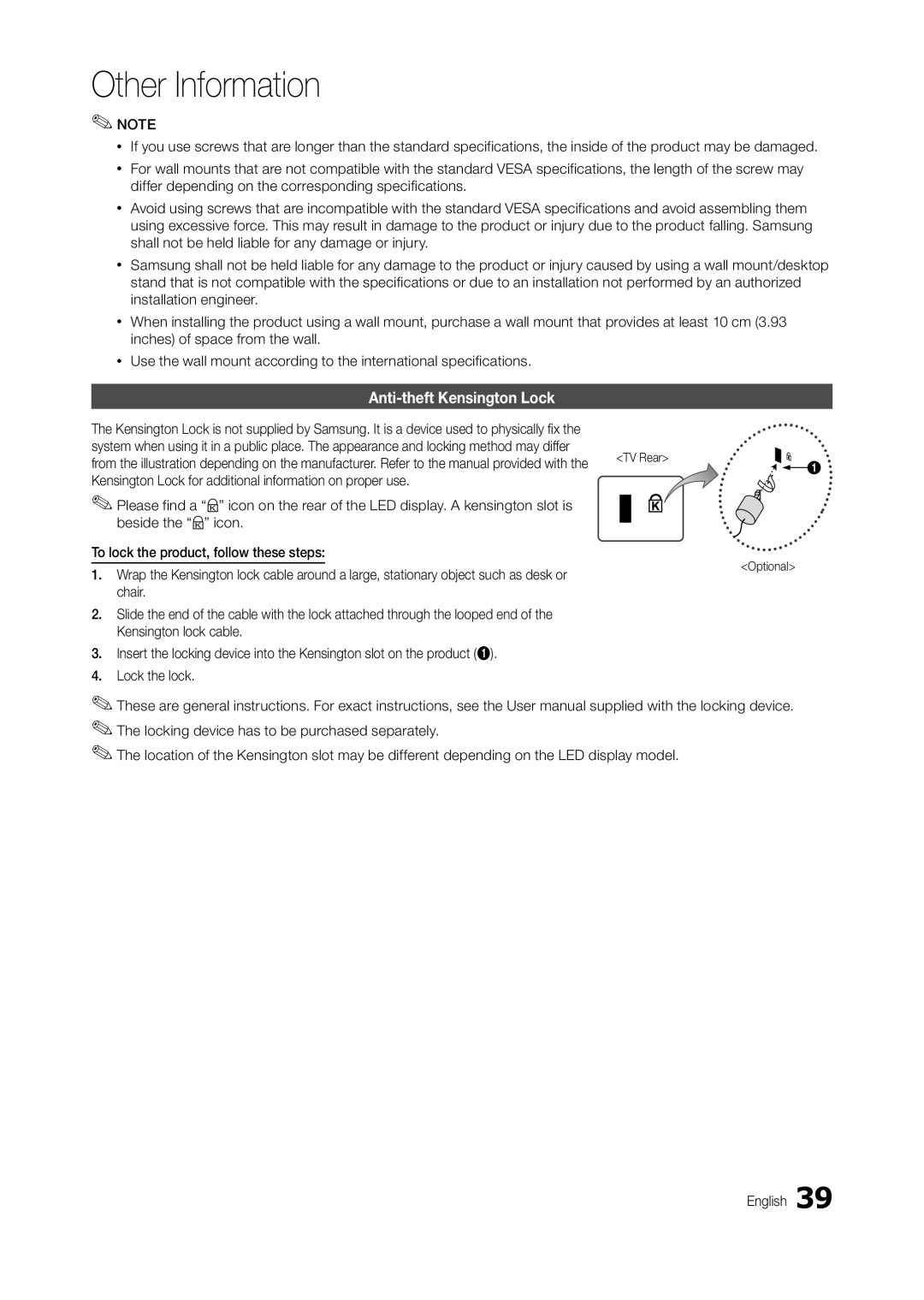 Samsung LT24B301MA/CH manual Anti-theft Kensington Lock 