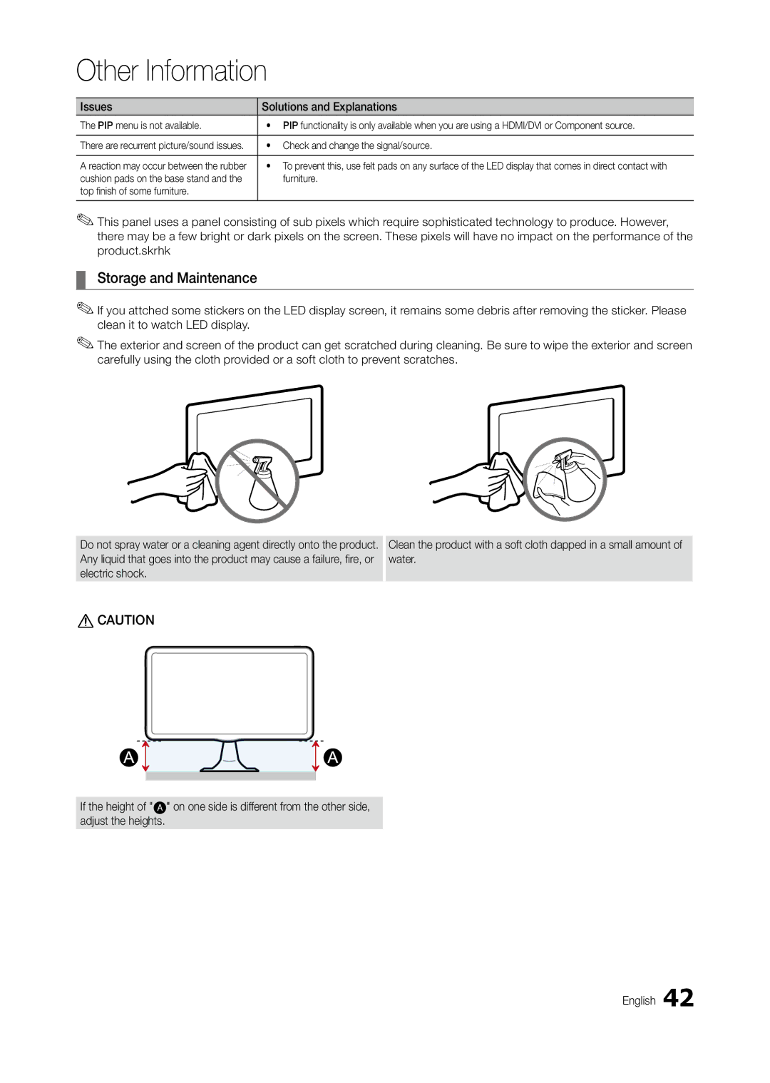 Samsung LT24B301MA/CH manual Storage and Maintenance, On one side is different from the other side English, Furniture 