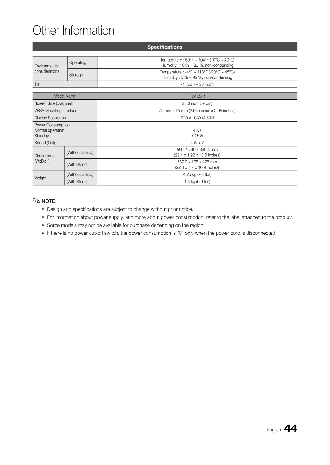 Samsung LT24B301MA/CH manual Specifications 