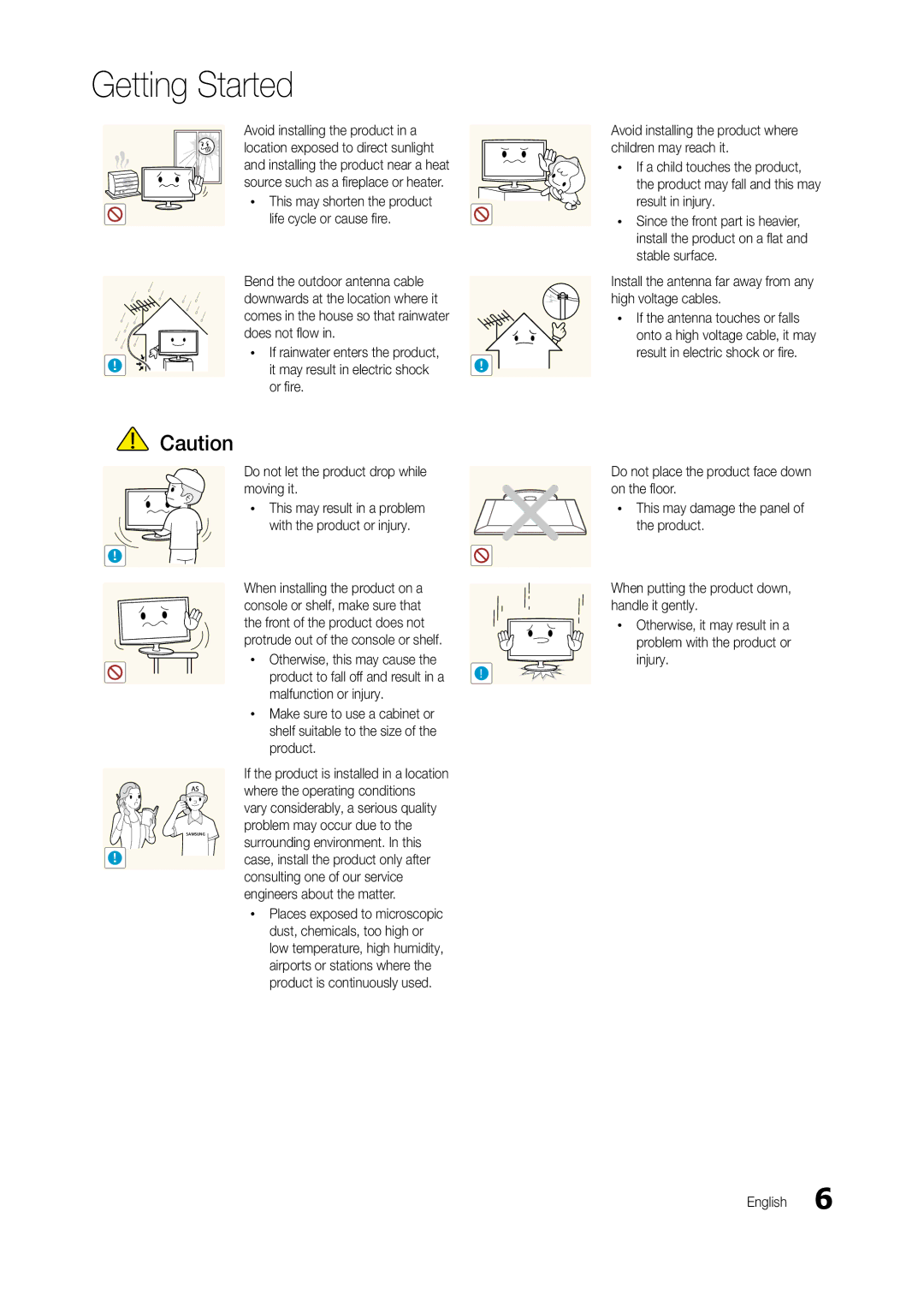 Samsung LT24B301MA/CH manual Or fi re Do not let the product drop while moving it, Where the operating conditions 