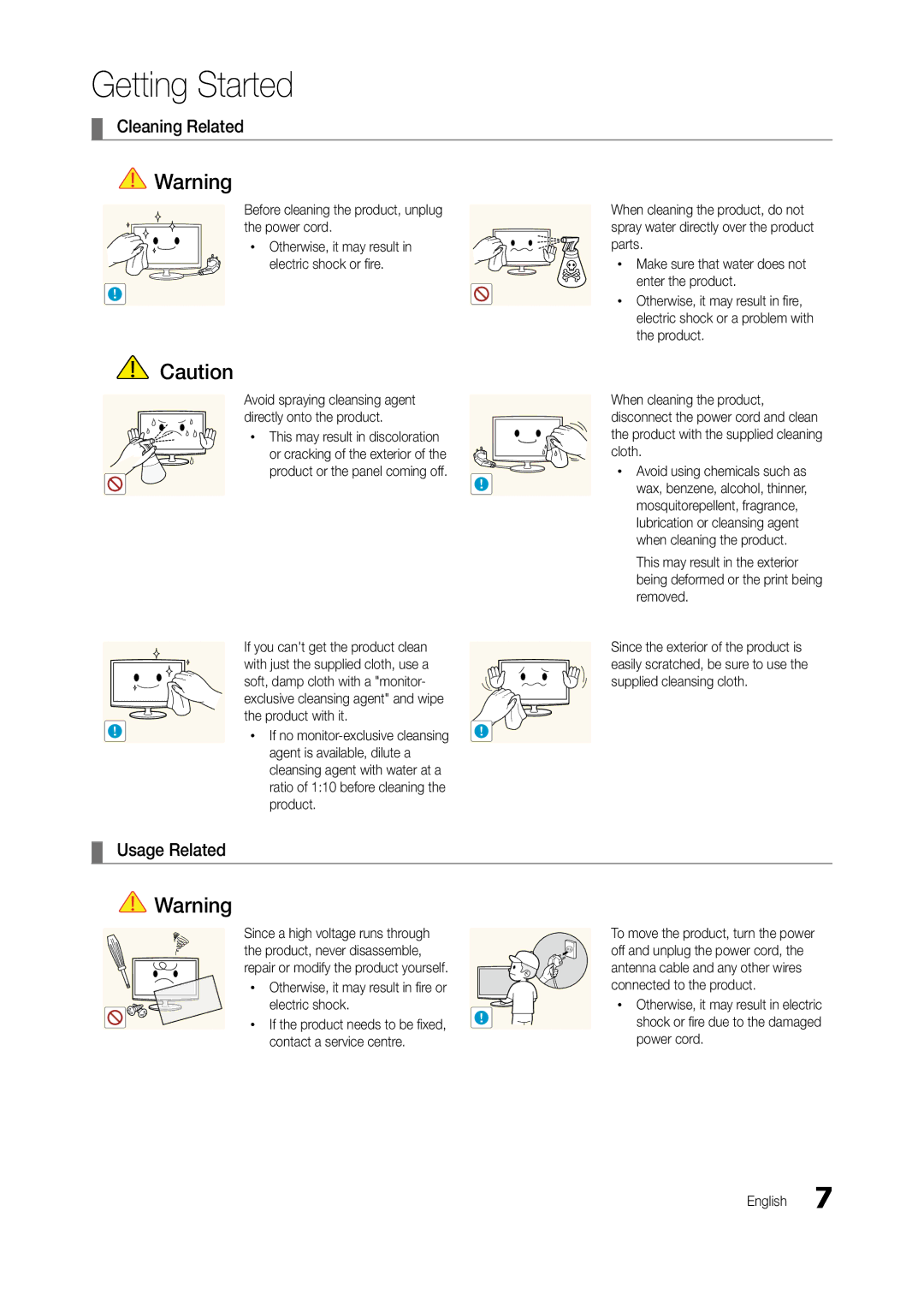 Samsung LT24B301MA/CH Cleaning Related, Usage Related, Before cleaning the product, unplug the power cord, Electric shock 