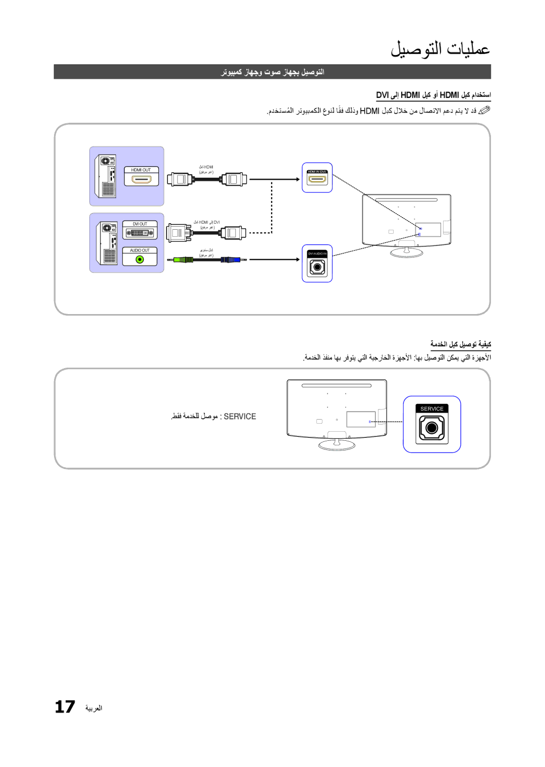 Samsung LT24B301MW/ZR manual رتويبمك زاهجو توص زاهجب ليصوتلا, DVI ىلإ Hdmi لبك وأ Hdmi لبك مادختسا, ةمدخلا لبك ليصوت ةيفيك 