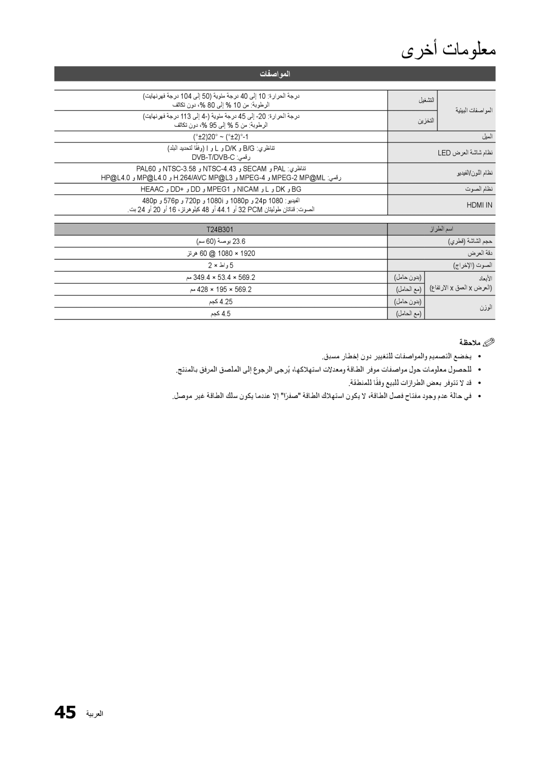 Samsung LT24B301MW/ZR manual تافصاوملا, ±220 ~ ±2-1 ليملا 