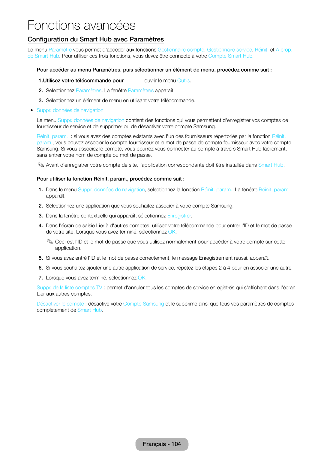 Samsung LT24B750EW/EN, LT27B750EW/EN manual Configuration du Smart Hub avec Paramètres, Suppr. données de navigation 