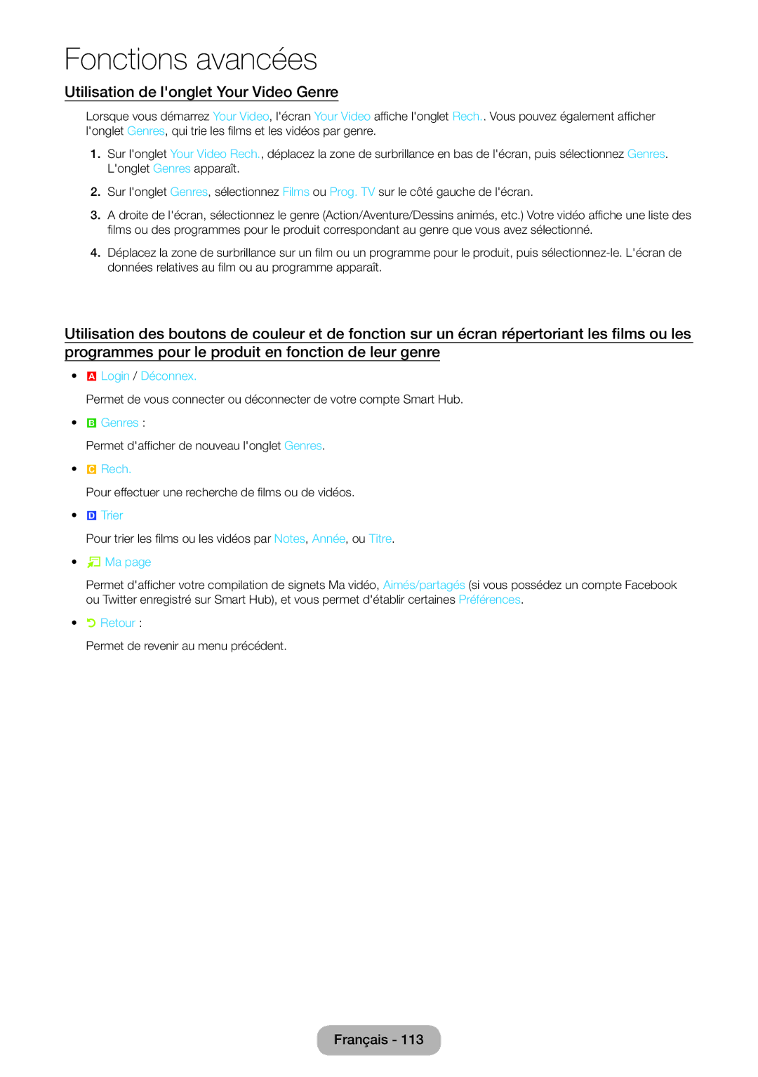 Samsung LT27B750EW/EN manual Utilisation de longlet Your Video Genre, Permet dafficher de nouveau longlet Genres 