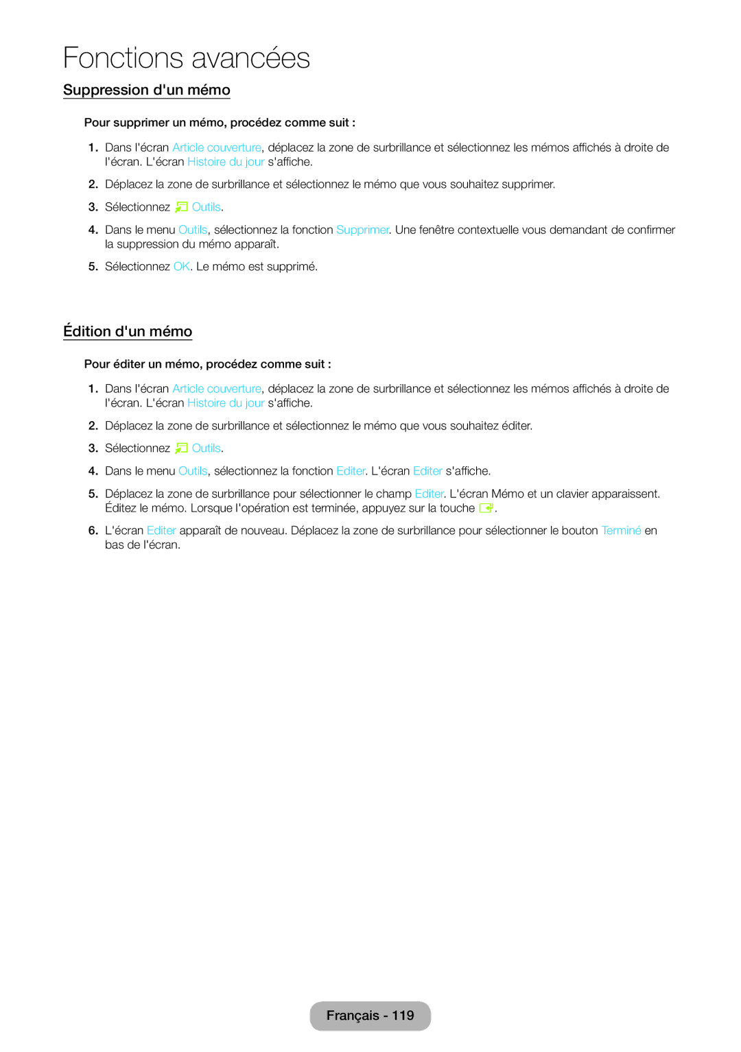 Samsung LT27B750EW/EN, LT24B750EW/EN manual Suppression dun mémo, Édition dun mémo 