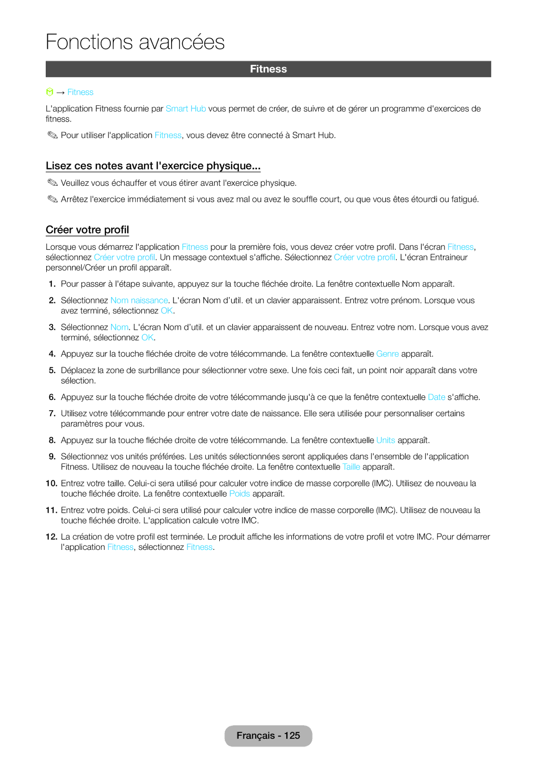 Samsung LT27B750EW/EN, LT24B750EW/EN manual Lisez ces notes avant lexercice physique, Créer votre profil, → Fitness 