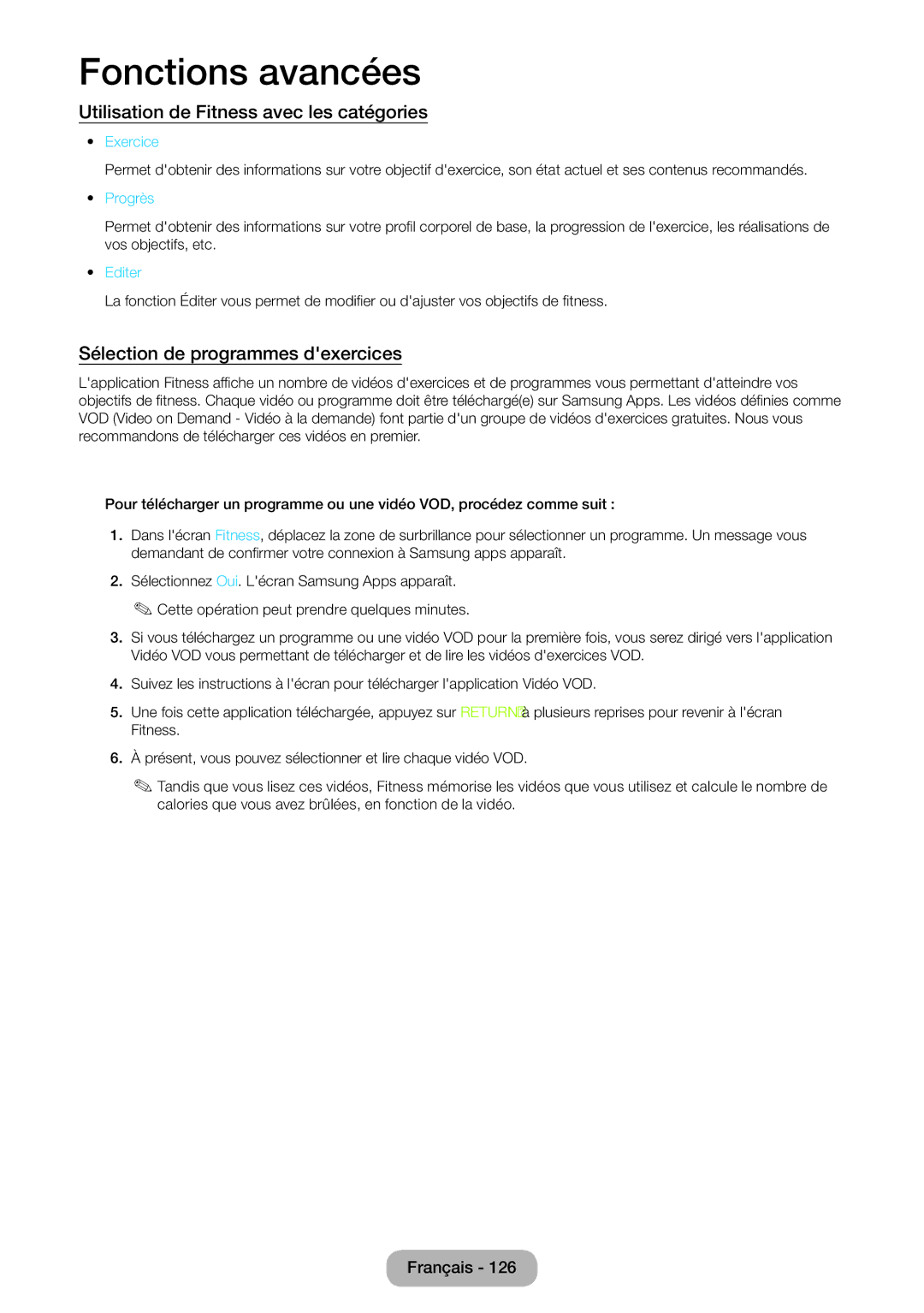 Samsung LT24B750EW/EN Utilisation de Fitness avec les catégories, Sélection de programmes dexercices, Exercice, Progrès 