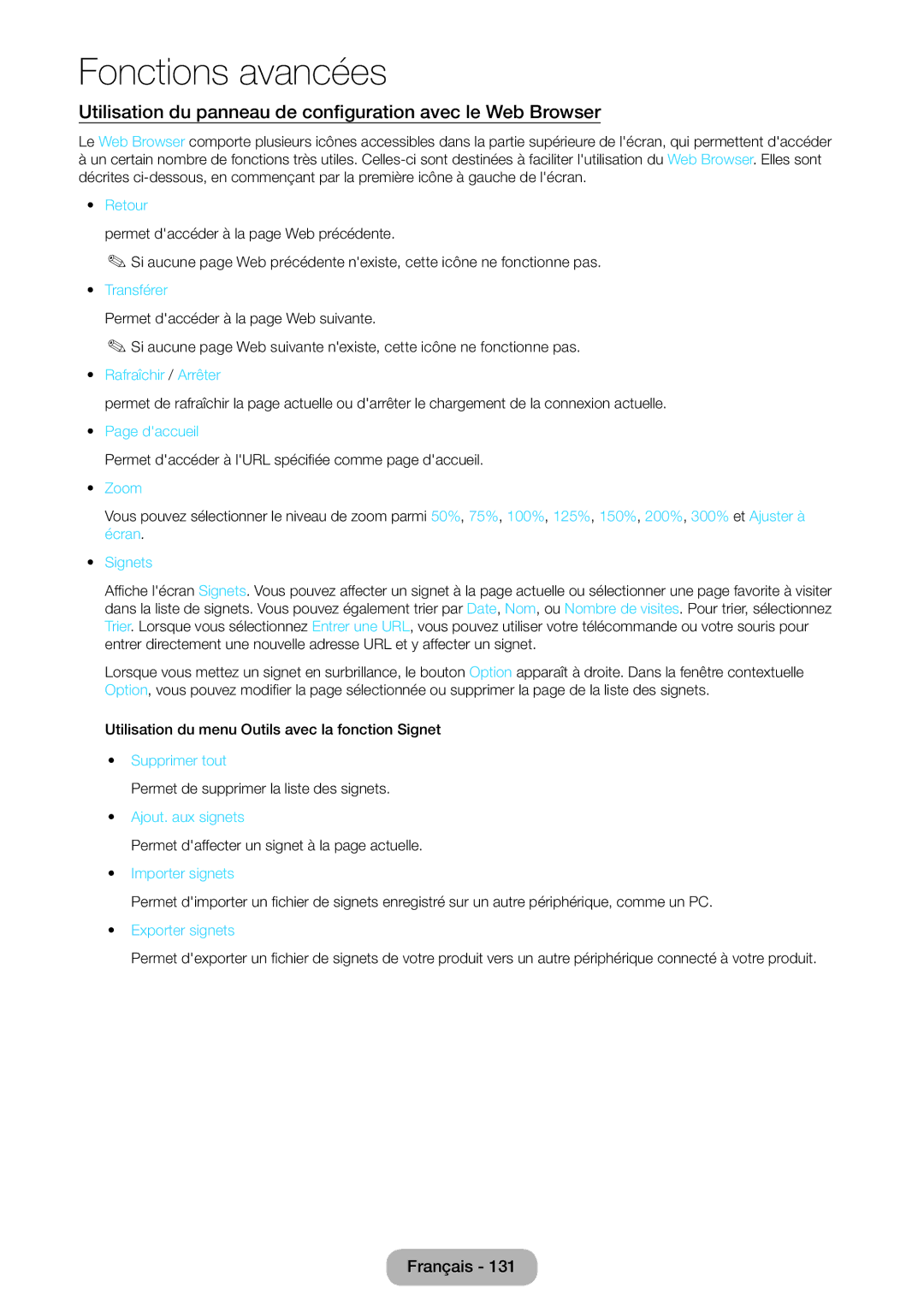 Samsung LT27B750EW/EN, LT24B750EW/EN manual Utilisation du panneau de configuration avec le Web Browser 