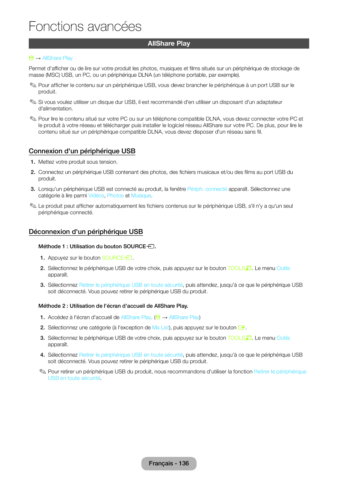 Samsung LT24B750EW/EN, LT27B750EW/EN Connexion dun périphérique USB, Déconnexion dun périphérique USB, → AllShare Play 