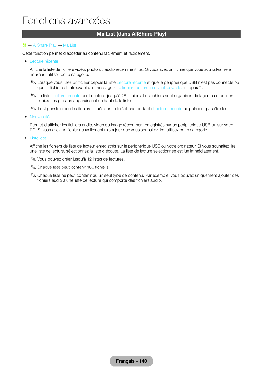 Samsung LT24B750EW/EN manual Ma List dans AllShare Play, → AllShare Play → Ma List, Lecture récente, Nouveautés, Liste lect 