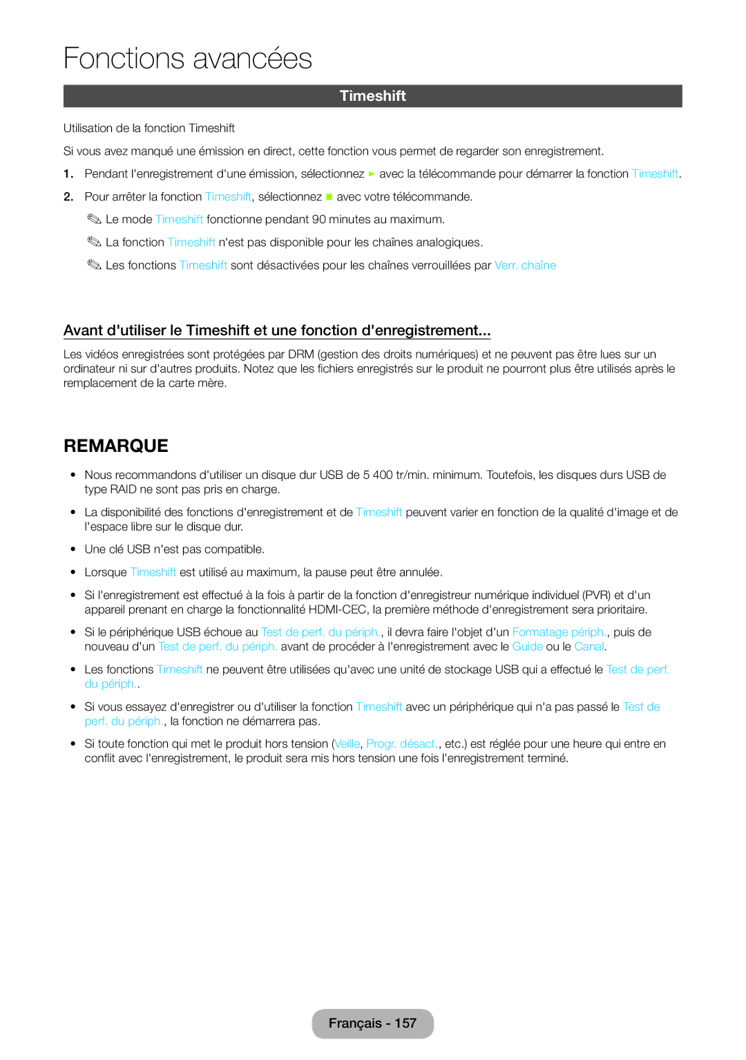 Samsung LT27B750EW/EN, LT24B750EW/EN manual Avant dutiliser le Timeshift et une fonction denregistrement 