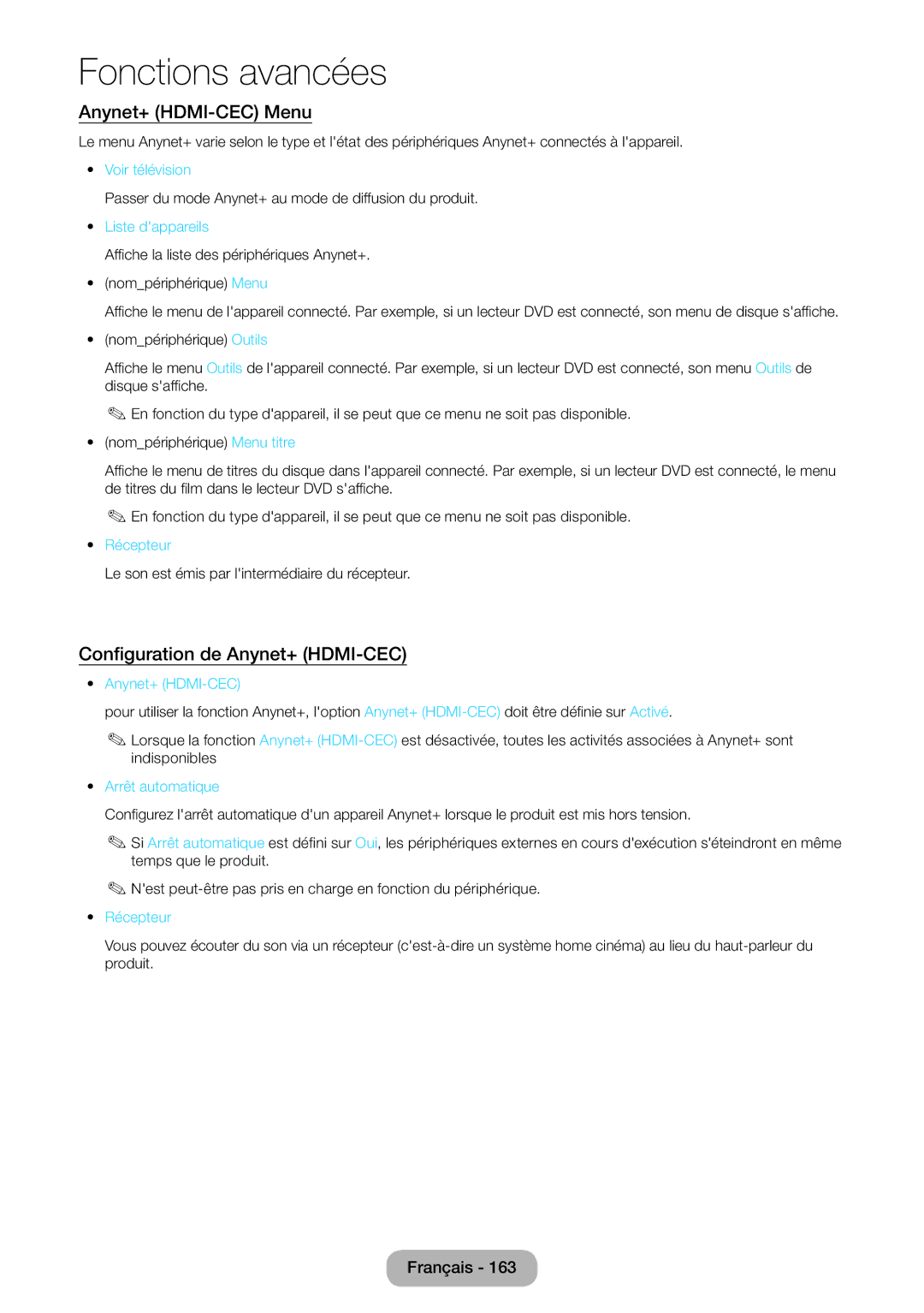 Samsung LT27B750EW/EN, LT24B750EW/EN manual Anynet+ HDMI-CEC Menu, Configuration de Anynet+ HDMI-CEC 