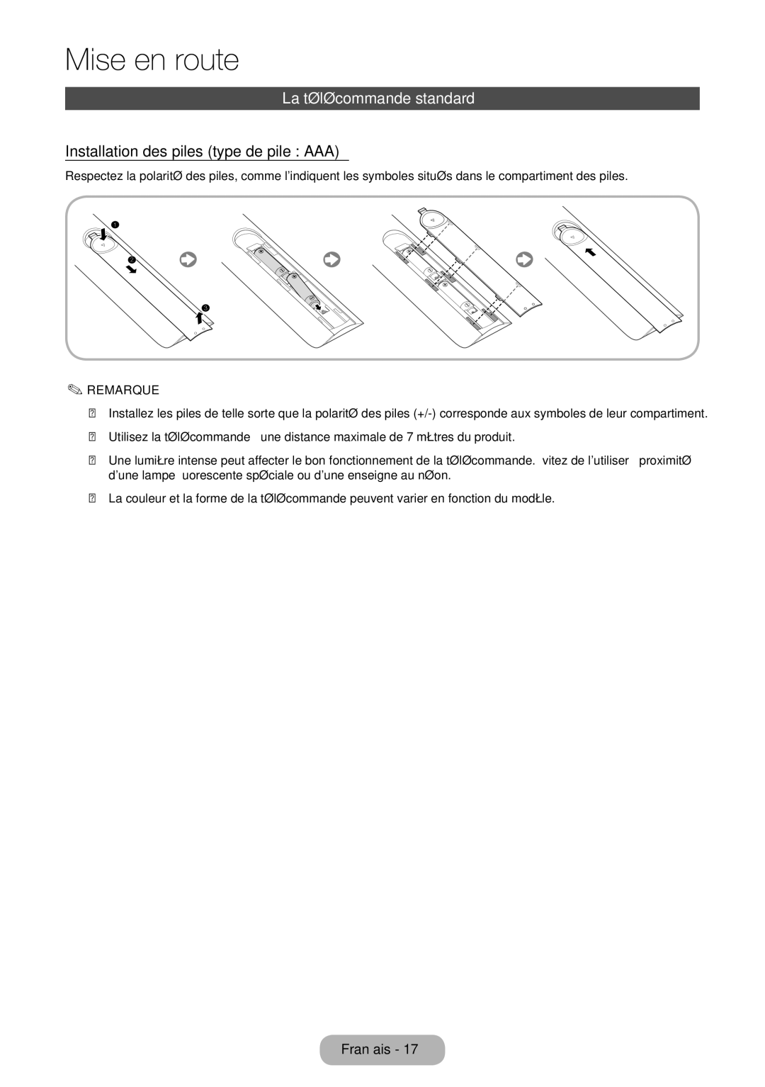 Samsung LT27B750EW/EN, LT24B750EW/EN manual La télécommande standard, Installation des piles type de pile AAA 