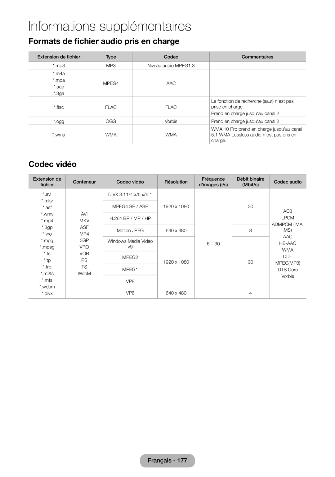 Samsung LT27B750EW/EN, LT24B750EW/EN manual Formats de fichier 