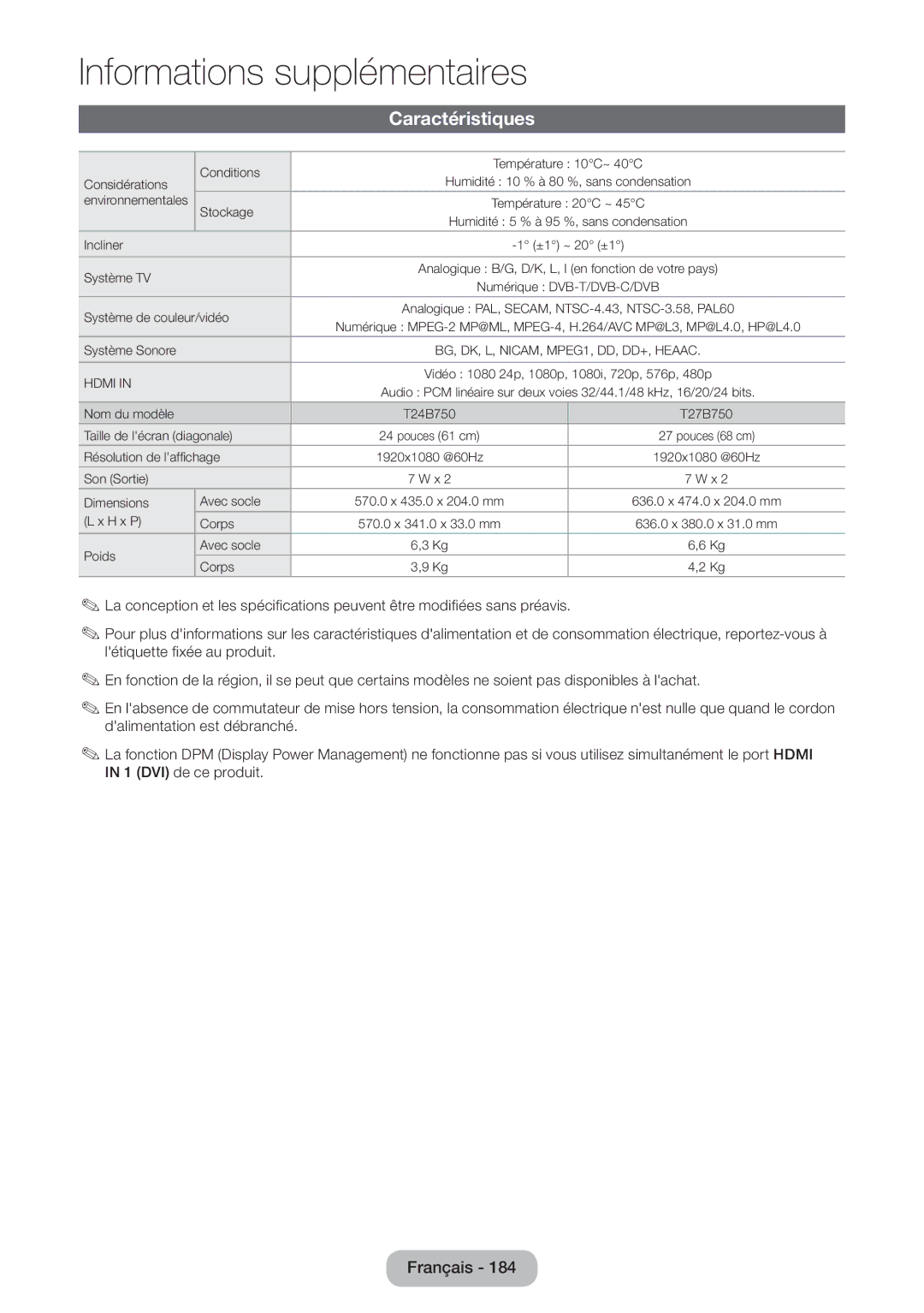 Samsung LT24B750EW/EN, LT27B750EW/EN manual Caractéristiques, Système de couleur/vidéo 