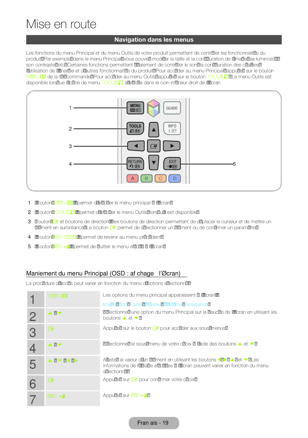 Samsung LT27B750EW/EN, LT24B750EW/EN manual Navigation dans les menus, Maniement du menu Principal OSD affichage à lécran 