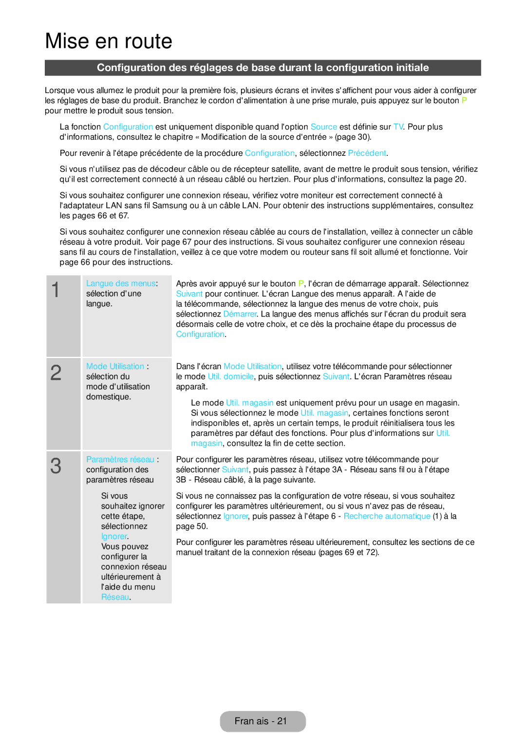 Samsung LT27B750EW/EN, LT24B750EW/EN manual Mode Utilisation, Paramètres réseau, Ignorer, Réseau 