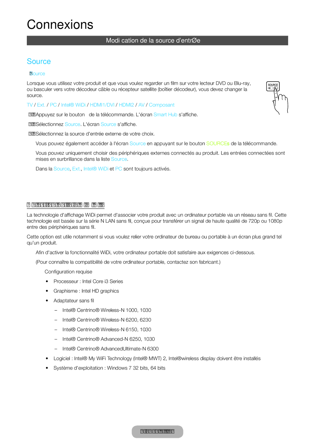 Samsung LT24B750EW/EN, LT27B750EW/EN manual Modification de la source dentrée, Quest-ce quIntel WiDi ?, → Source 