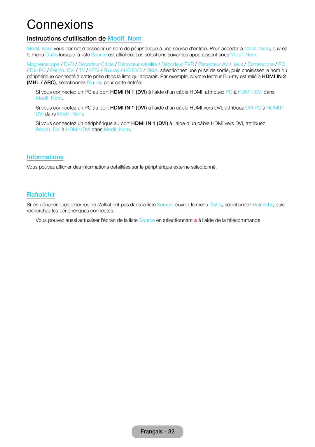 Samsung LT24B750EW/EN, LT27B750EW/EN manual Instructions dutilisation de Modif. Nom, Rafraîchir 