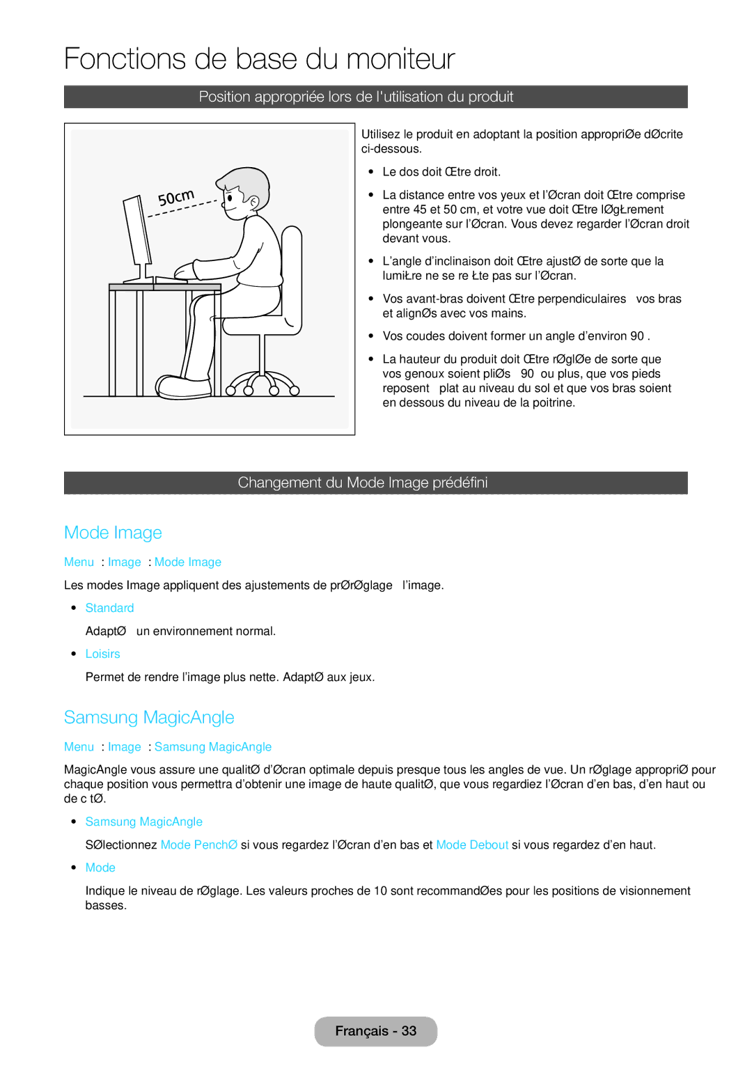 Samsung LT27B750EW/EN, LT24B750EW/EN Mode Image, Samsung MagicAngle, Position appropriée lors de lutilisation du produit 