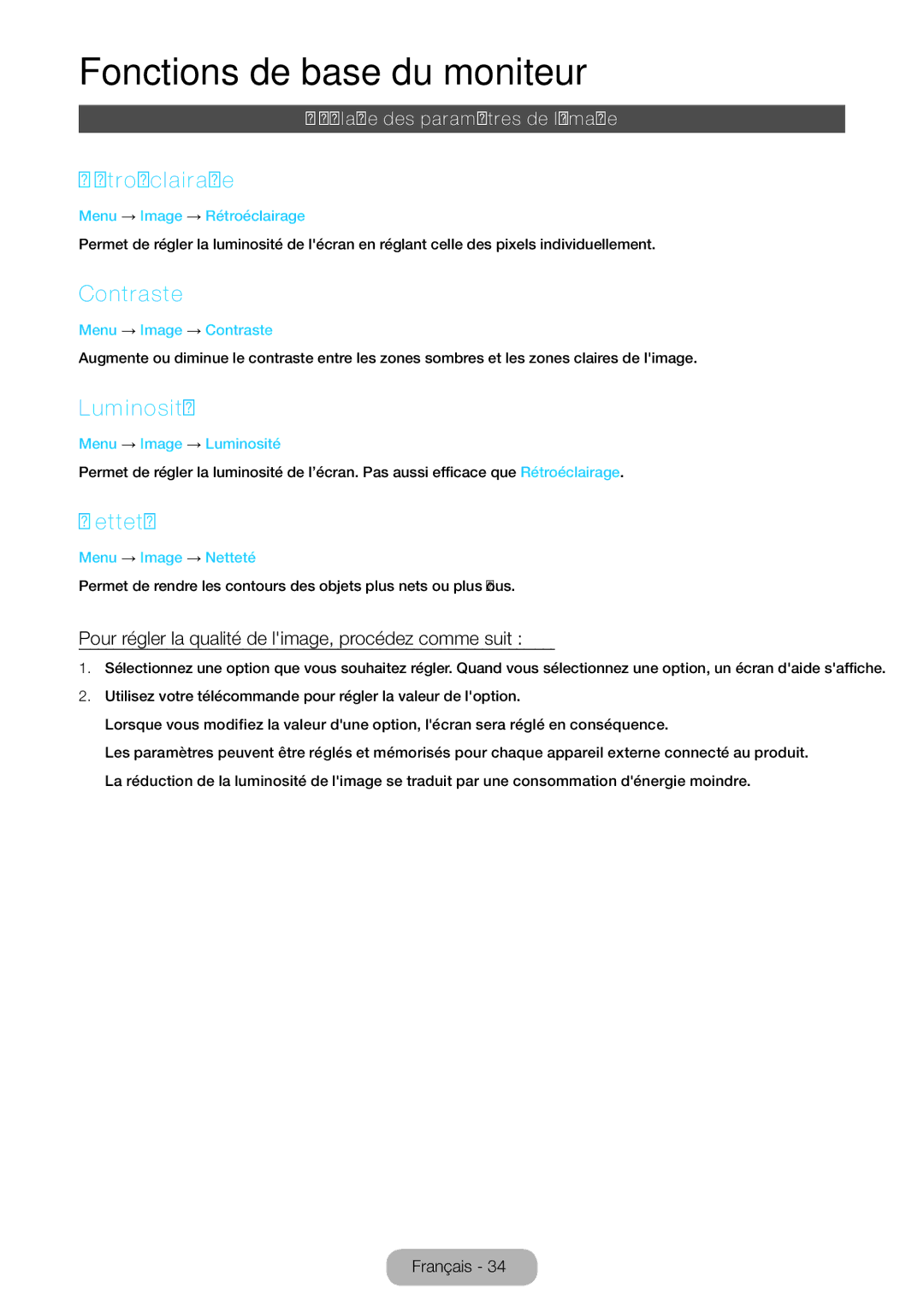 Samsung LT24B750EW/EN, LT27B750EW/EN manual Rétroéclairage, Contraste, Luminosité, Netteté, Réglage des paramètres de limage 