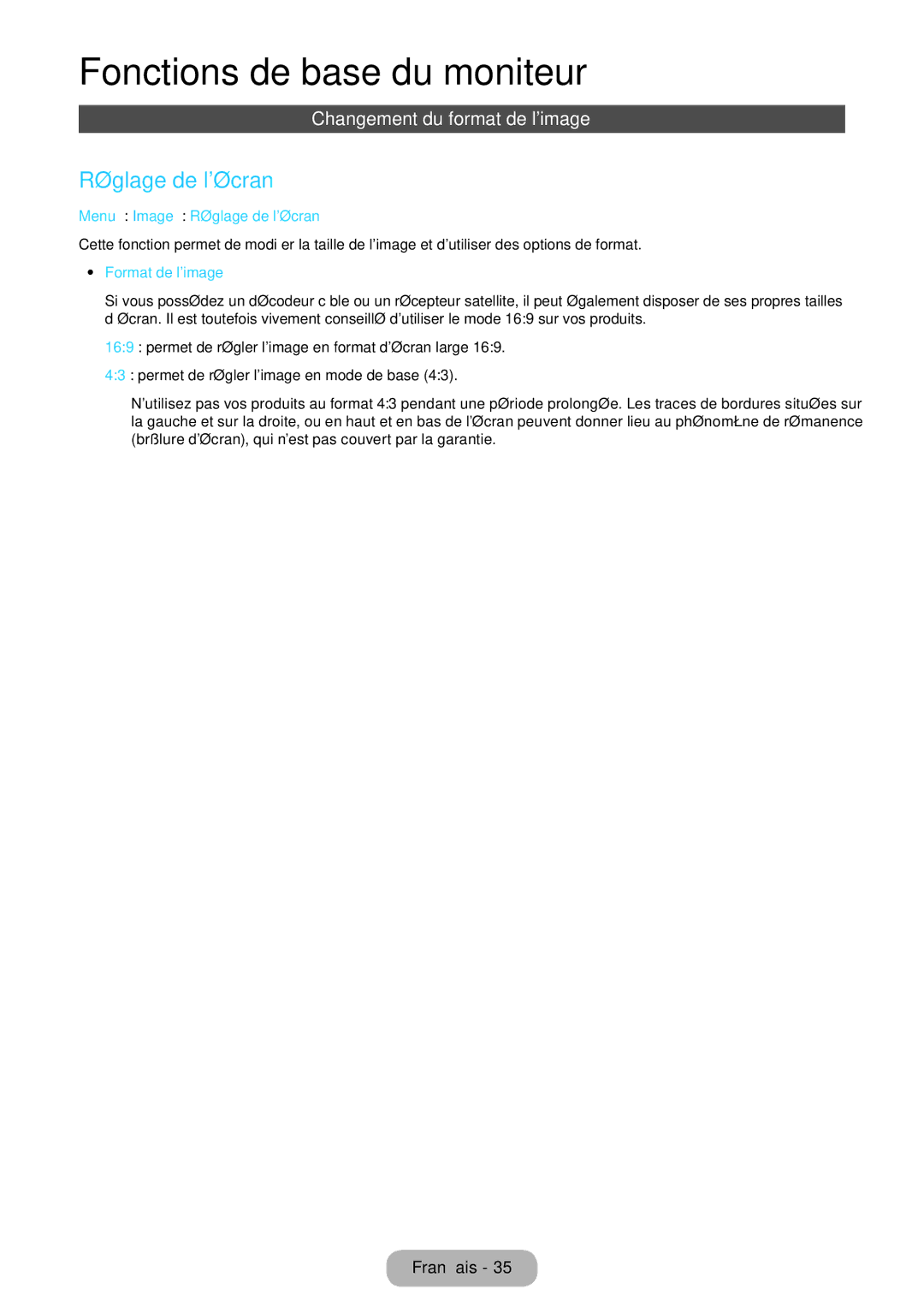 Samsung LT27B750EW/EN manual Changement du format de limage , Menu → Image → Réglage de lécran, Format de limage 