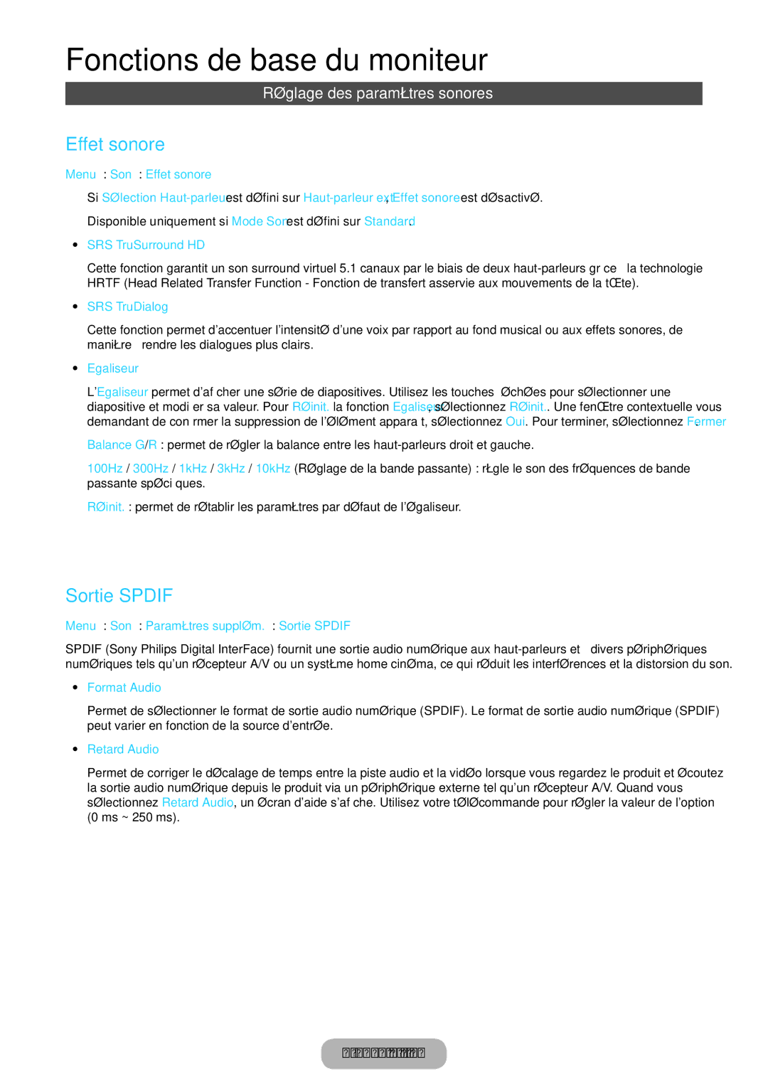 Samsung LT27B750EW/EN, LT24B750EW/EN manual Effet sonore, Sortie Spdif, Réglage des paramètres sonores 