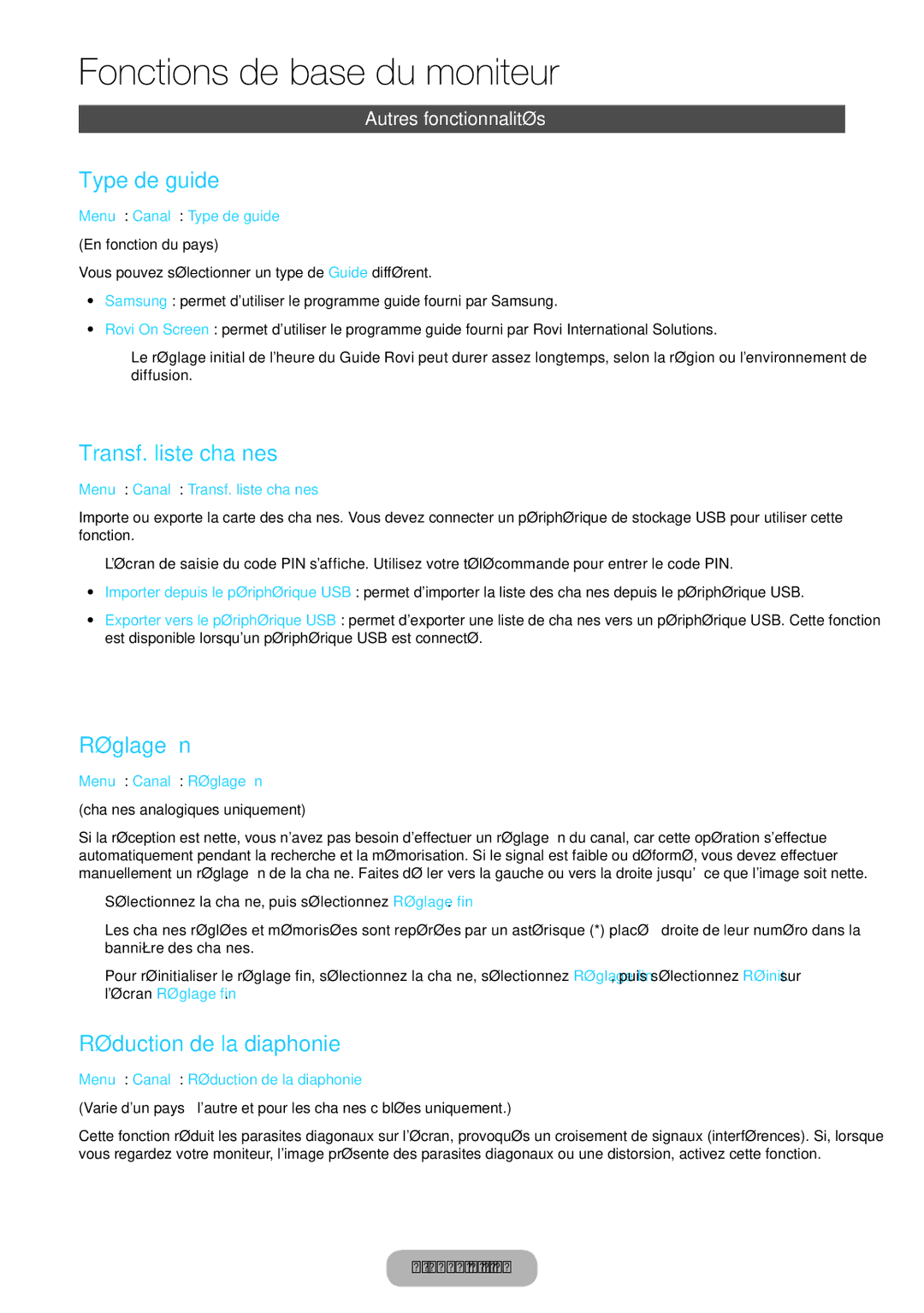 Samsung LT27B750EW/EN Type de guide, Transf. liste chaînes, Réglage fin, Réduction de la diaphonie, Autres fonctionnalités 