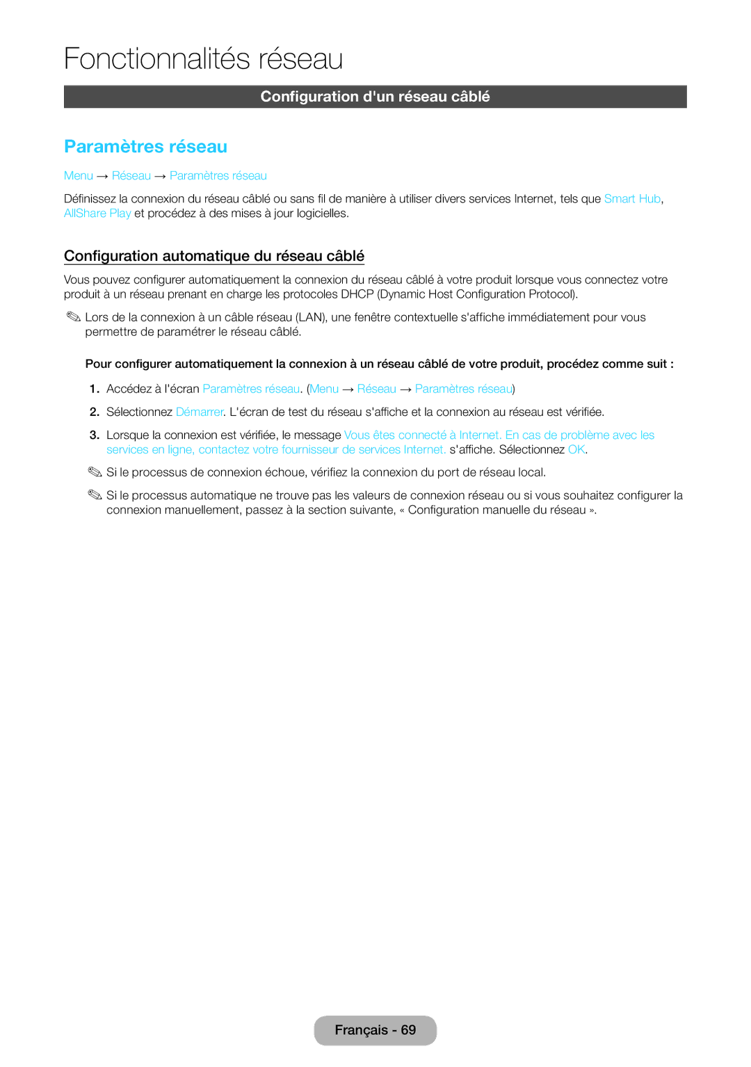 Samsung LT27B750EW/EN manual Paramètres réseau, Configuration dun réseau câblé, Configuration automatique du réseau câblé 