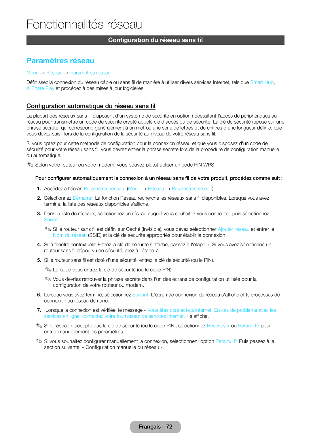 Samsung LT24B750EW/EN, LT27B750EW/EN manual Configuration du réseau sans fil, Configuration automatique du réseau sans fil 