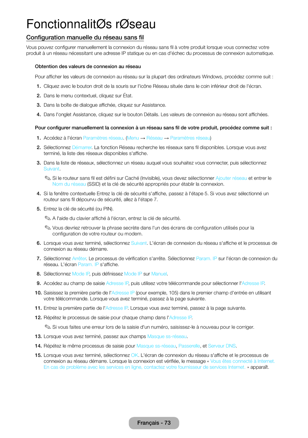 Samsung LT27B750EW/EN, LT24B750EW/EN manual Configuration manuelle du réseau sans fil 